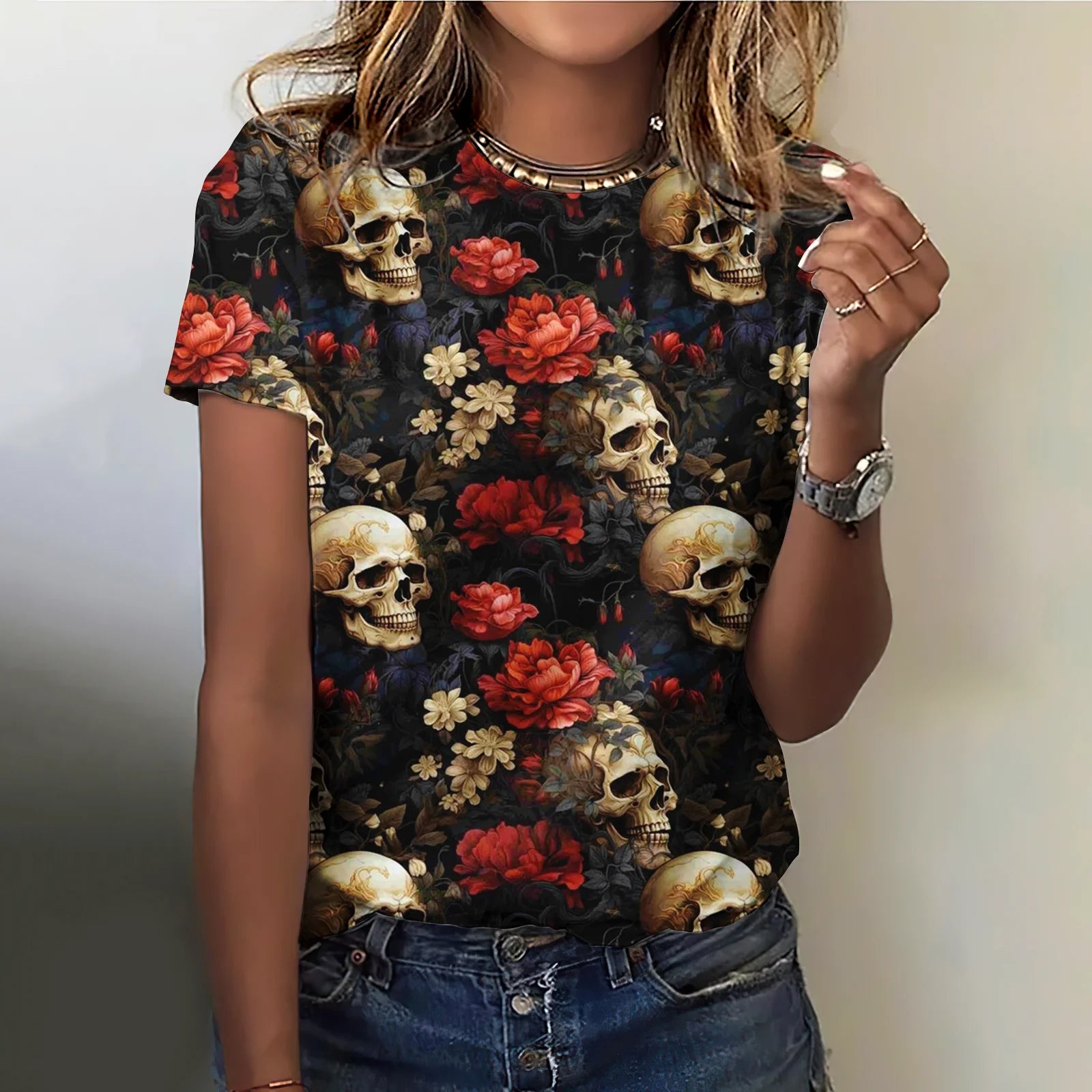 Summer Flower Skull 3D Print T-shirts Women Streetwear
