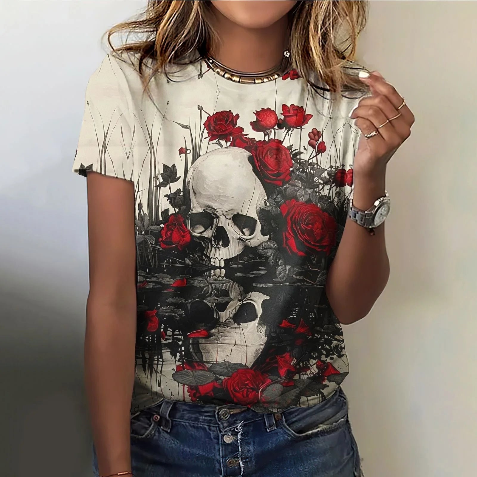 Summer Flower Skull 3D Print T-shirts Women Streetwear