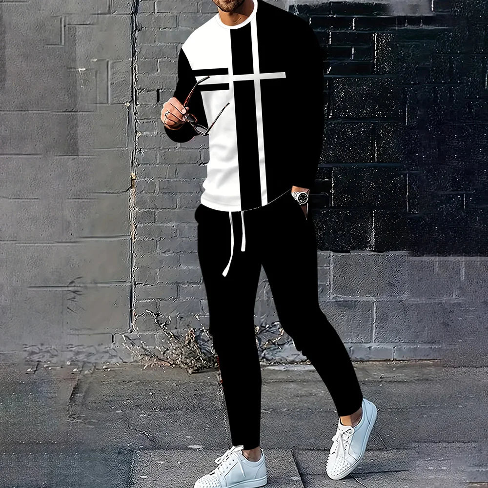 Autumn Men's Long Sleeve Pullover Sweatshirt 2 Piece Outfits