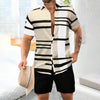 Casual Men's Striped Printed Shirt And Shorts 2 Piece Set Lapel Short