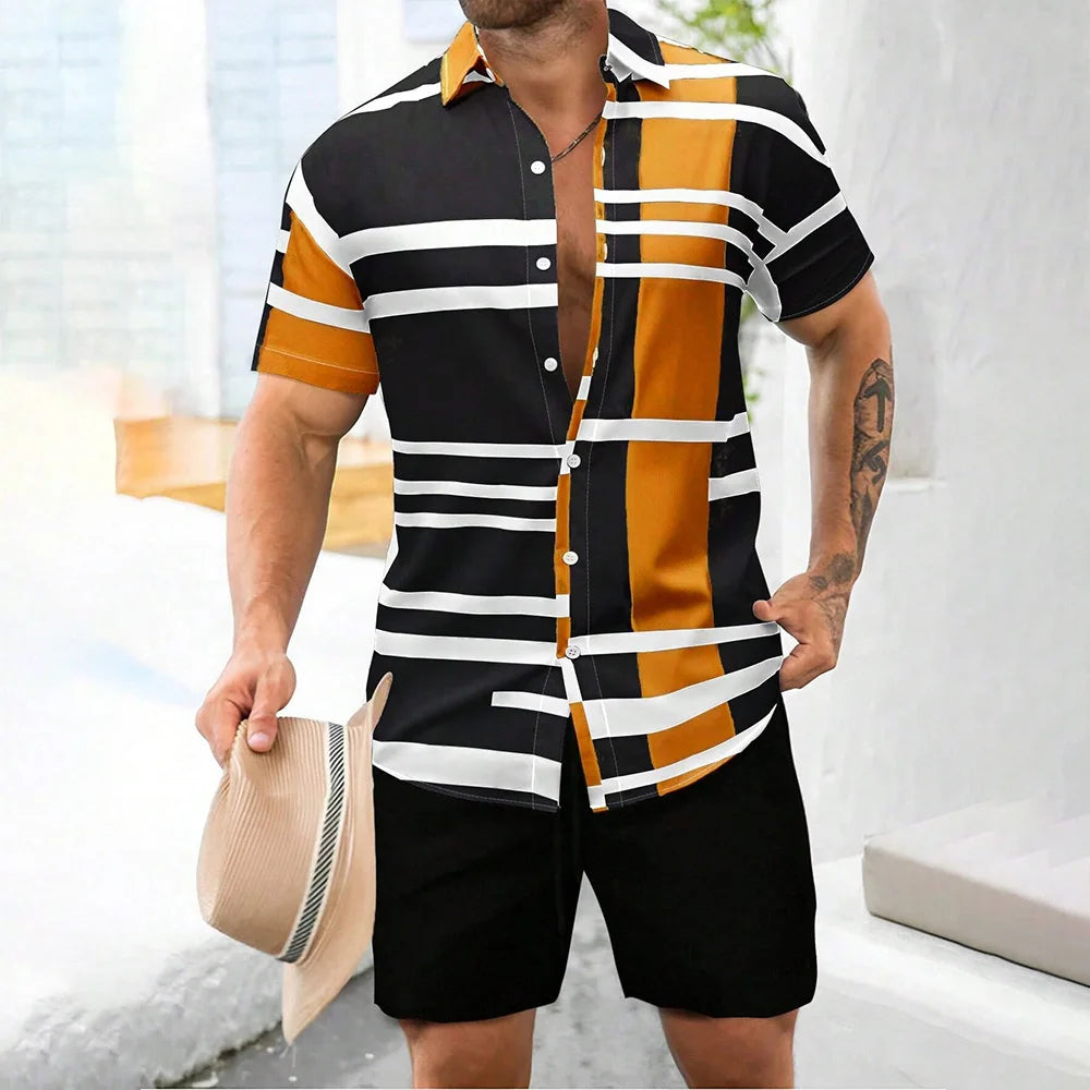 Casual Men's Striped Printed Shirt And Shorts 2 Piece Set Lapel Short