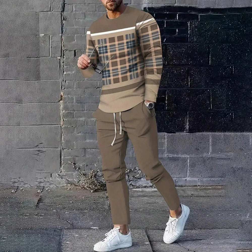Striped Plaid Print Long Sleeve T Shirt Outfits Men's 2-Piece Set Clothing