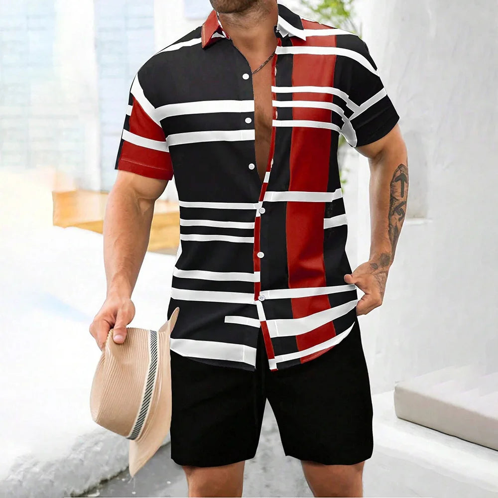 Casual Men's Striped Printed Shirt And Shorts 2 Piece Set Lapel Short