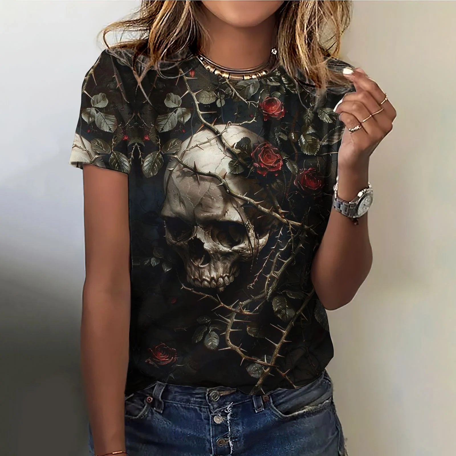 Summer Flower Skull 3D Print T-shirts Women Streetwear