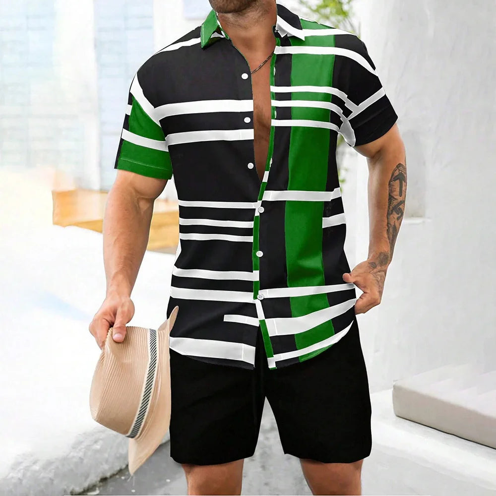 Casual Men's Striped Printed Shirt And Shorts 2 Piece Set Lapel Short